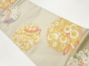 源氏車に扇・几帳・花々模様織出し袋帯